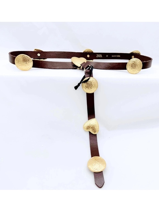 Zara Accessories - ZARA Hammered Gold Heart Drop Belt Brown Leather Size 85 Statement Design NWOT M